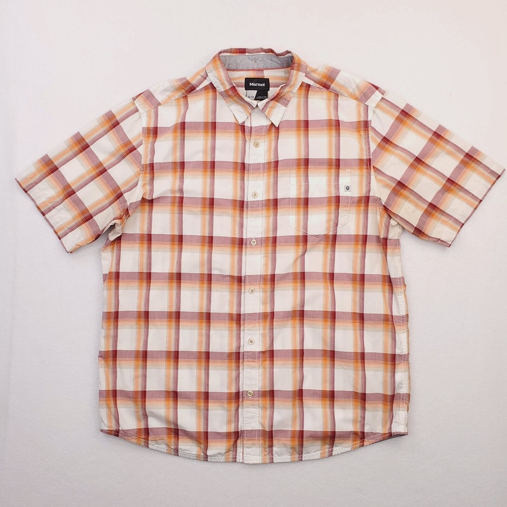 Marmot Shirt Mens Extra Large Orange Red Plaid Button Up Outdoor Preppy Hiking